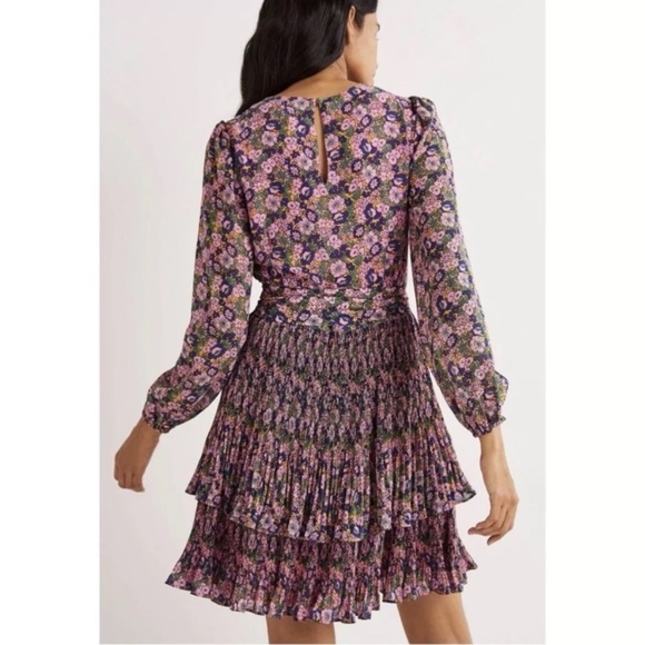 Boden The Plisse Mini Dress Tiered Skirt Chiffon Long Sleeve Ruffles Pink Sz 4 - Picture 3 of 16